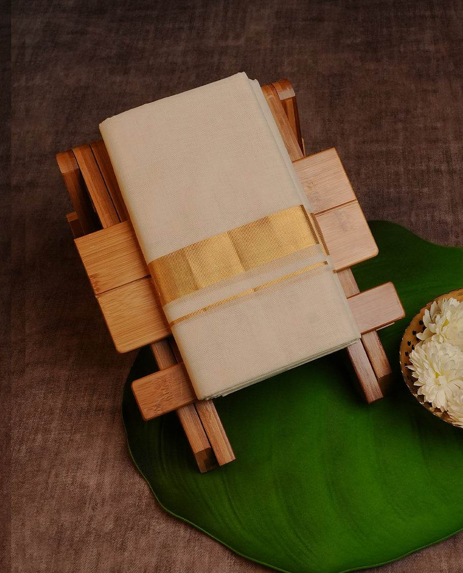 Cream colour Cotton Double dhoti featuring plain with Gold kara.