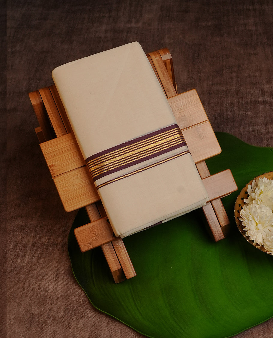 Cream colour Cotton Double dhoti featuring plain Body with Grape & Gold Striped kara.