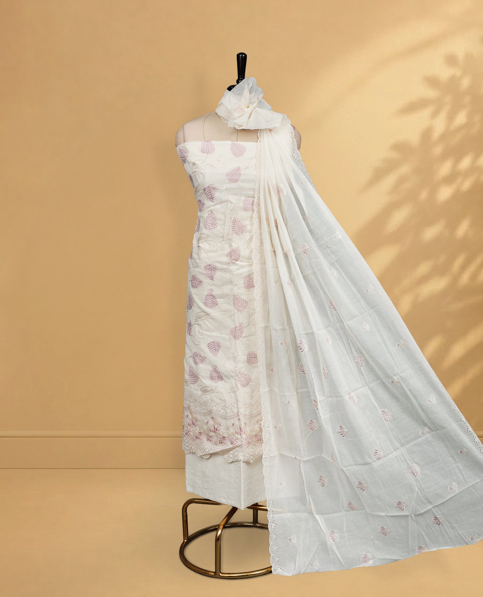 Cream colour salwar material Featuring Pink Thread Leaf Pattern on body, paired with matching bottom & Elegant Dupatta