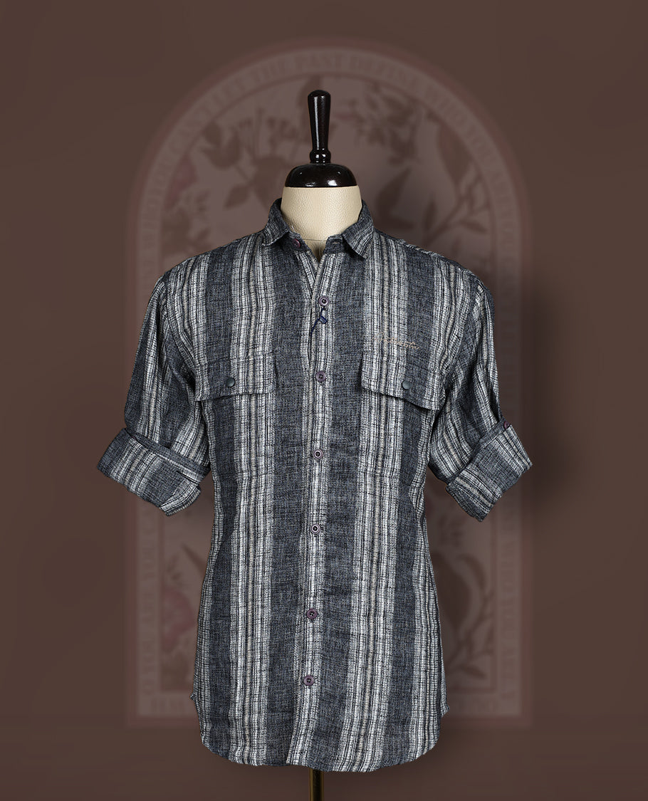 Charcoal black colour cotton linen blended shirt featuring self striped detailing and a breathable textured weave, Designed with double flap chest pockets, roll up sleeves, and a button-down front.