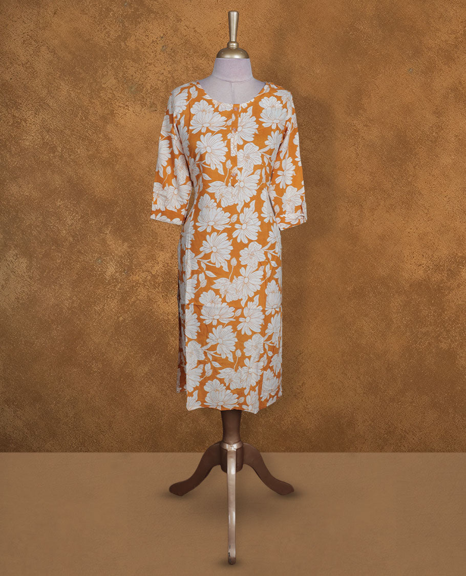 Mustard and white colour kurti with White floral prints, knee length design, styled with a round neckline and a sleeve