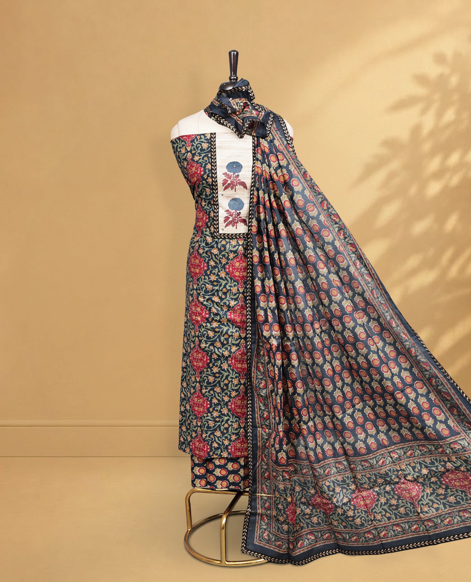 Blue Colour Salwar Material featuring Floral print on body, paired with matching bottom, Elegant Dupatta.