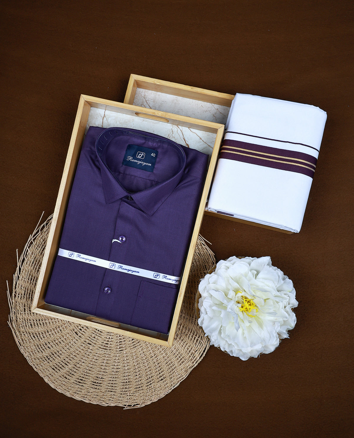 Purple colour RAMAJAYAM shirt paired with a matching dhoti, finishing with a Purple & gold kara