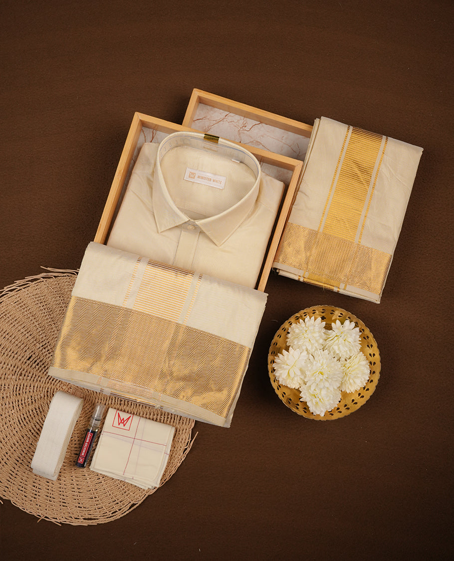 Medium gold colour MINISTER WHITE shirt paired with a matching dhoti, finishing with a gold border