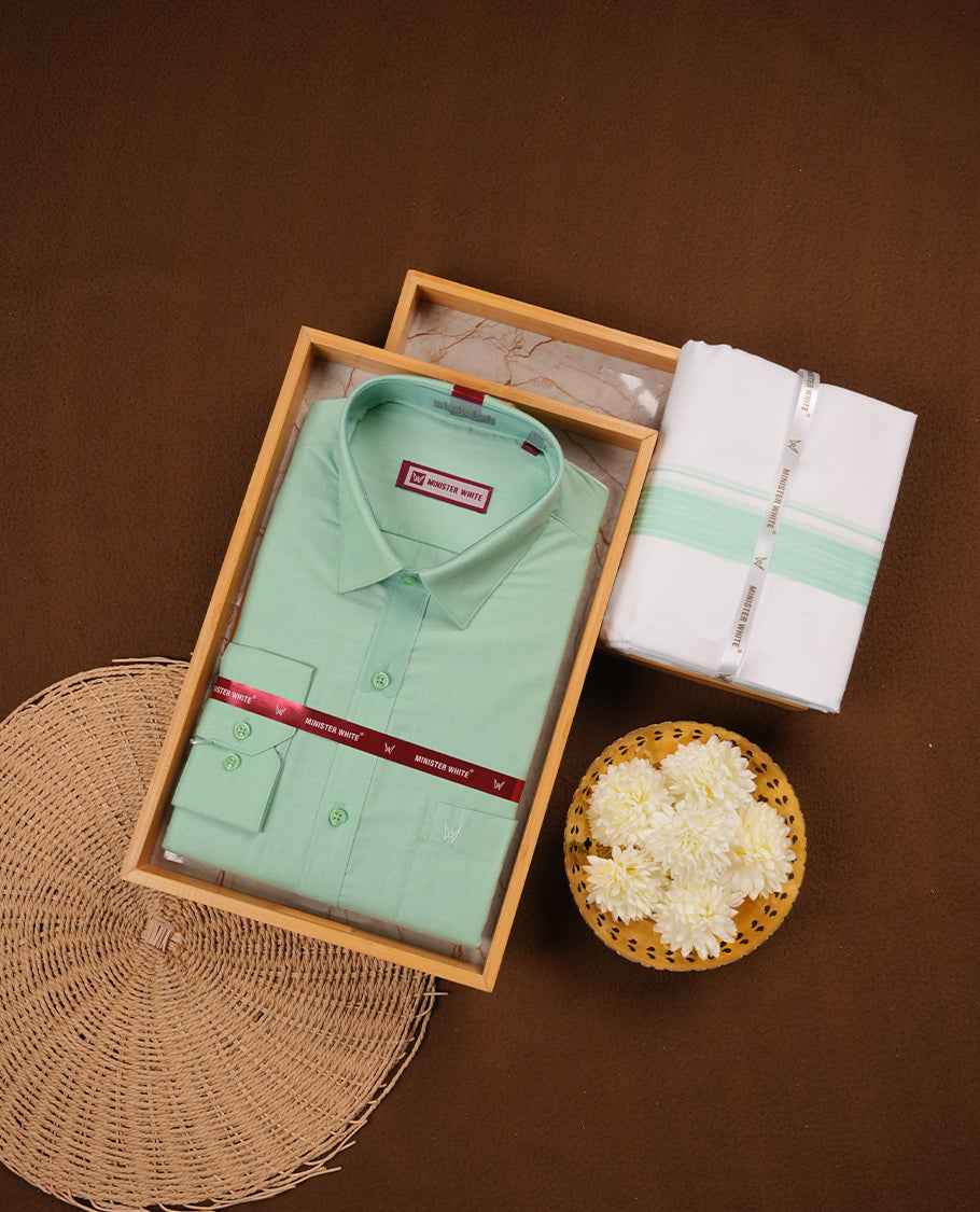 Pastel green Colour MINISTER WHITE shirt paired with a matching dhoti, finished with a Pastel green colour border.