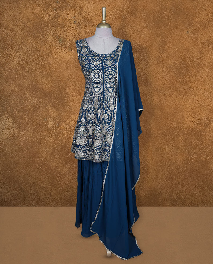 Crystal teal colour sharara set featuring gold colour thread and beats embroidered neckline, body, sleeves, , Paired with a matching dupatta