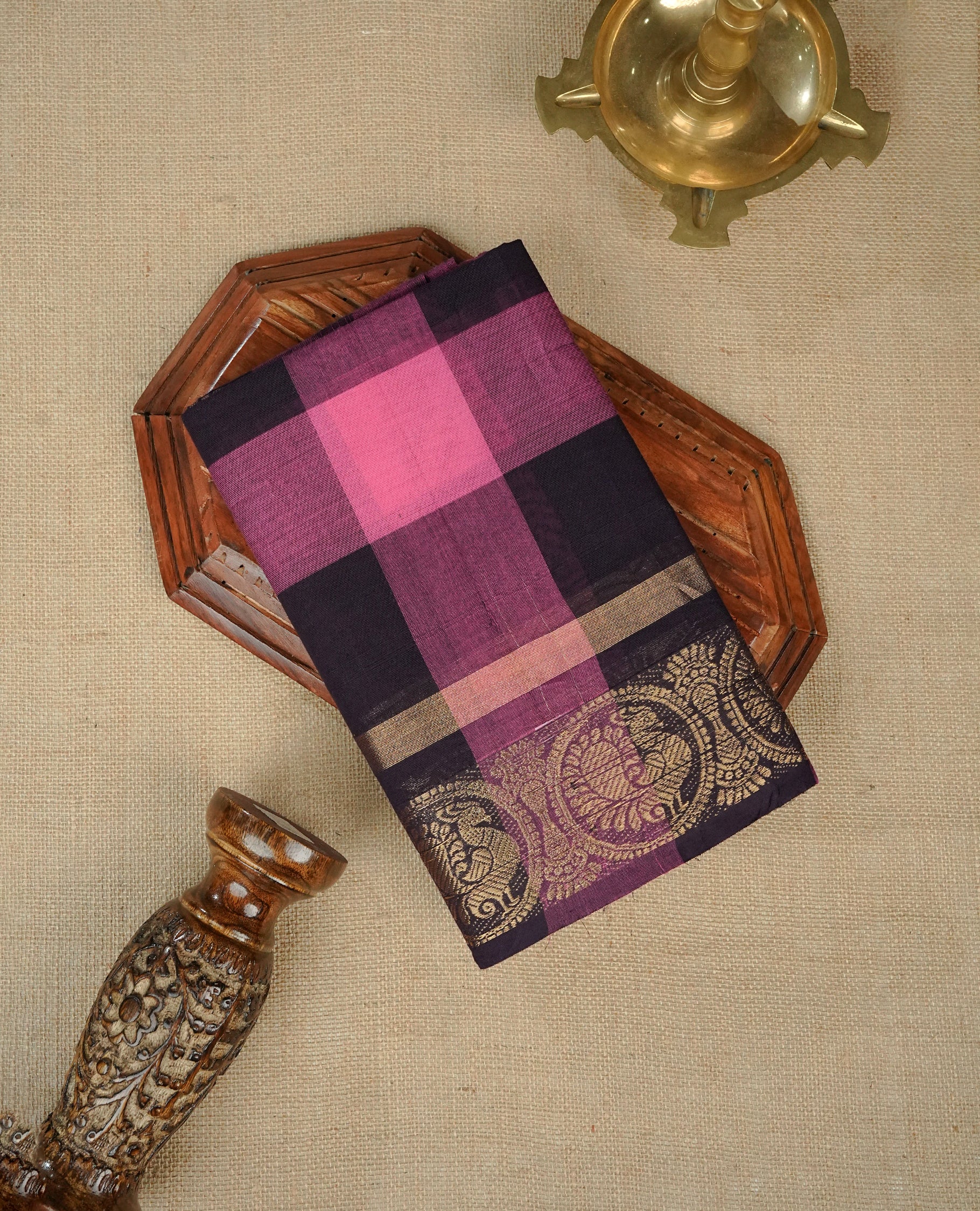 Pink & Purple colour chettinad cotton saree featuring check pattern on body, complemented by Self Colour with gold zari border, comes with matching blouse piece.