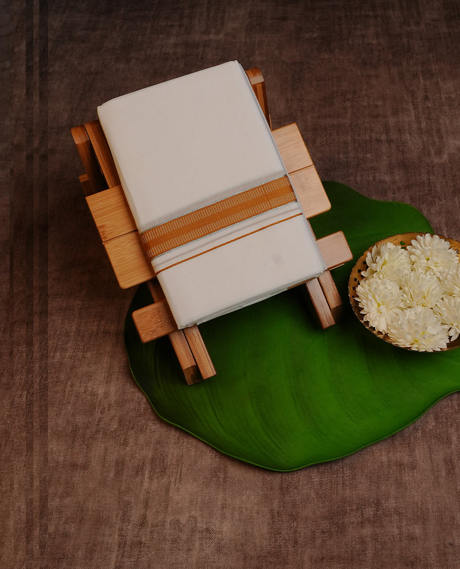 Off White Colour Cotton Double Dhoti Finished With A Classic Mustard & Silver kara.