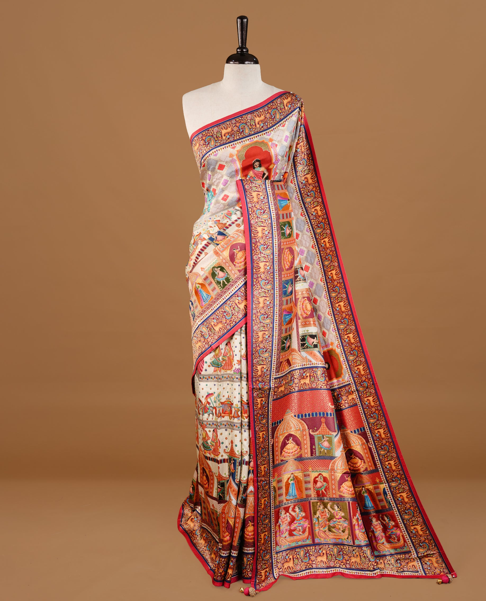 Off White colour Pashmina Saree featuring intricate heritage inspired woven palace motifs, enhanced with a contrast multicolour woven border and a richly detailed traditional pallu, paired with a matching blouse piece.