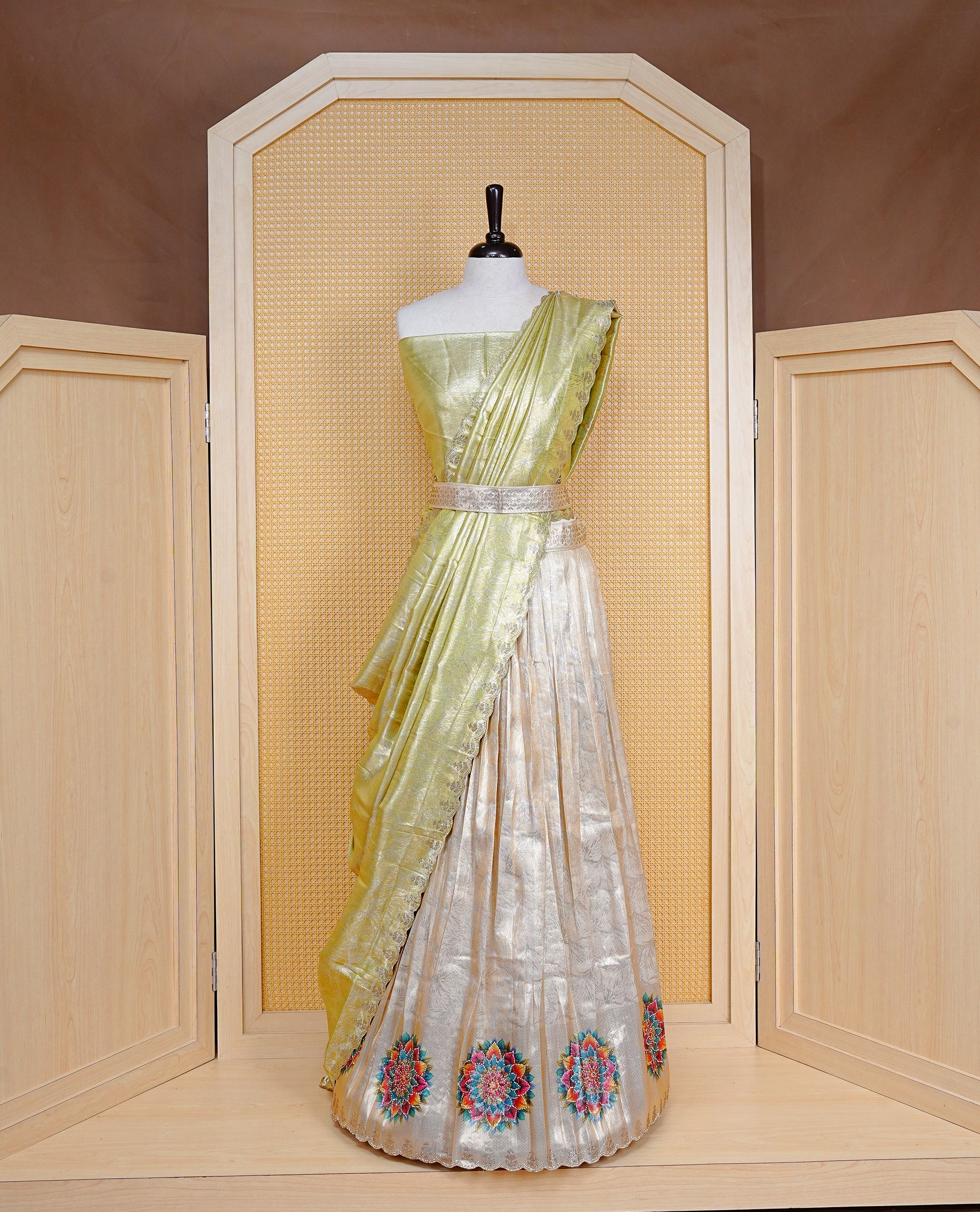 Light gold & Light Green Semi Stitched Dhavani Set Light Gold Skirt With Floral Pattern With Stone Worked Border, Paired with Unstitched Blouse, Elegant Dupatta For Prefect look.