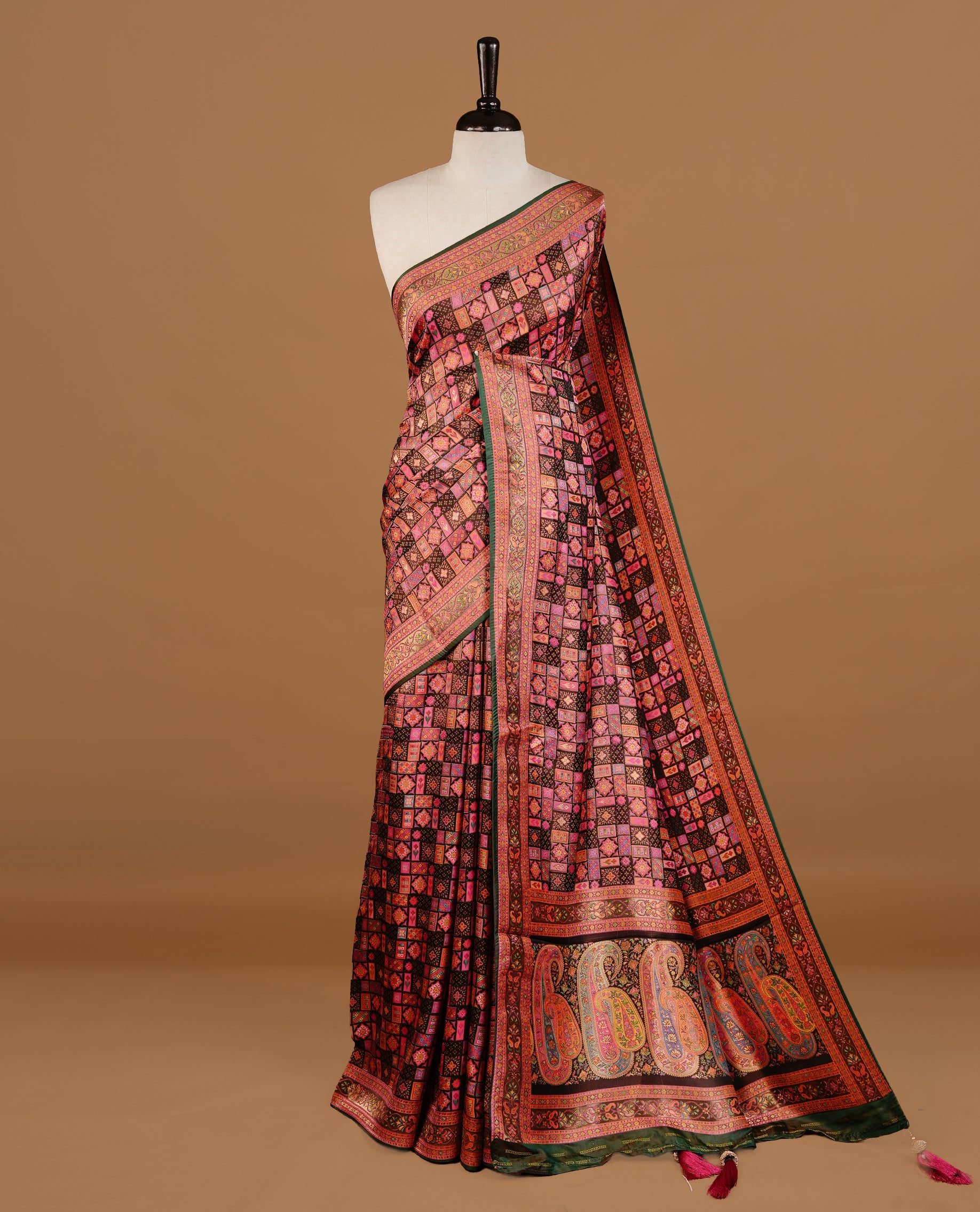 Black Pashmina Saree featuring multicolour geometric patchwork inspired woven design, enhanced with an intricate paisley woven border and richly detailed pallu, paired with a matching blouse piece.