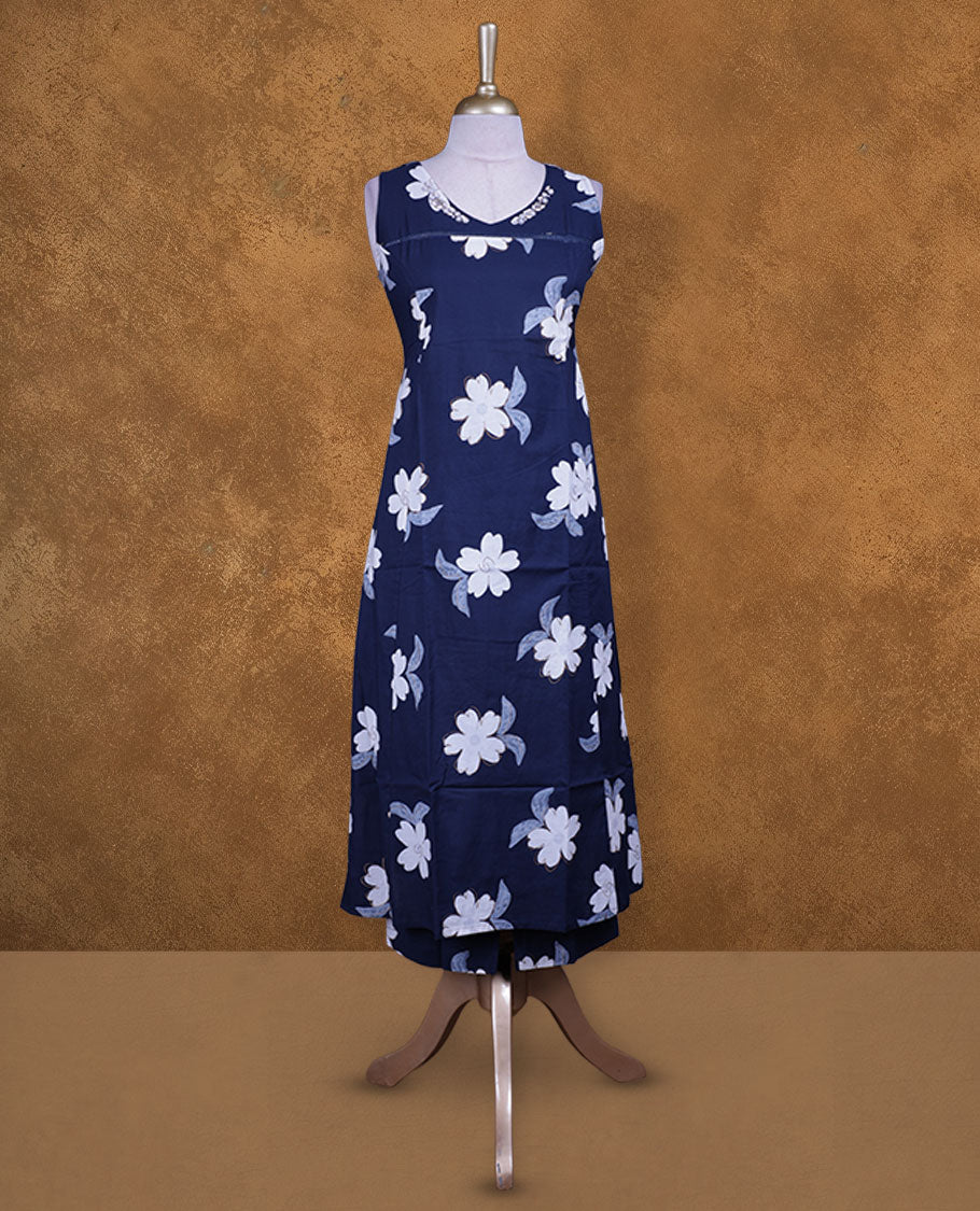 Dark blue colour N Style coord set with floral prints all over, featuring a thread & beats work on around neckline and 3/4 sleeves, Paired with matching straight pants.