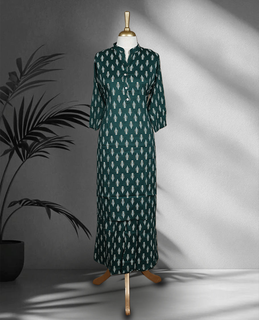 Dark green colour cord set adorned with delicate white leaf motifs, featuring a straight fit kurta with a mandarin collar and matching pants.