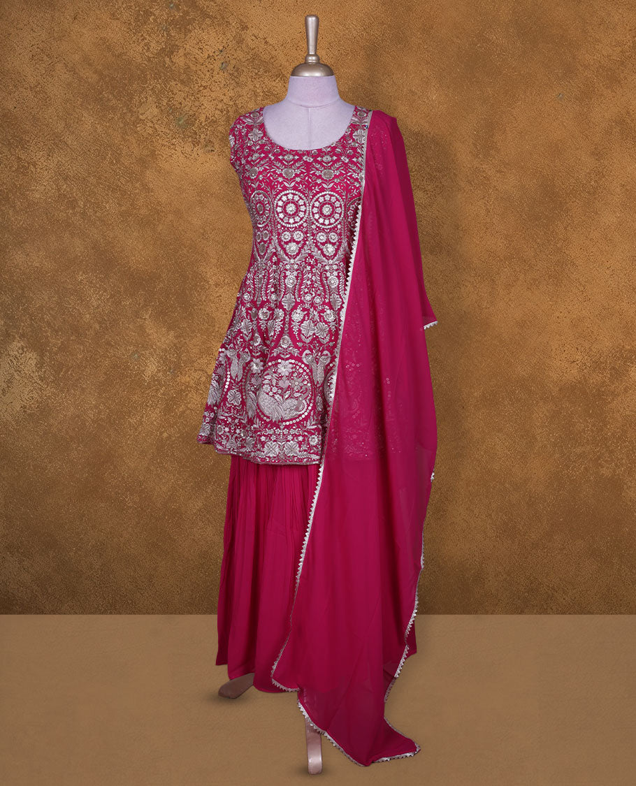 Rani pink colour sharara set featuring gold colour thread and beats embroidered neckline, body, sleeves, , Paired with a matching dupatta