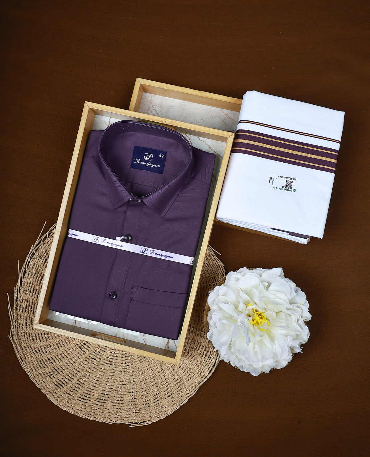 Purple colour RAMAJAYAM shirt paired with a matching dhoti, finishing with a Purple & gold kara