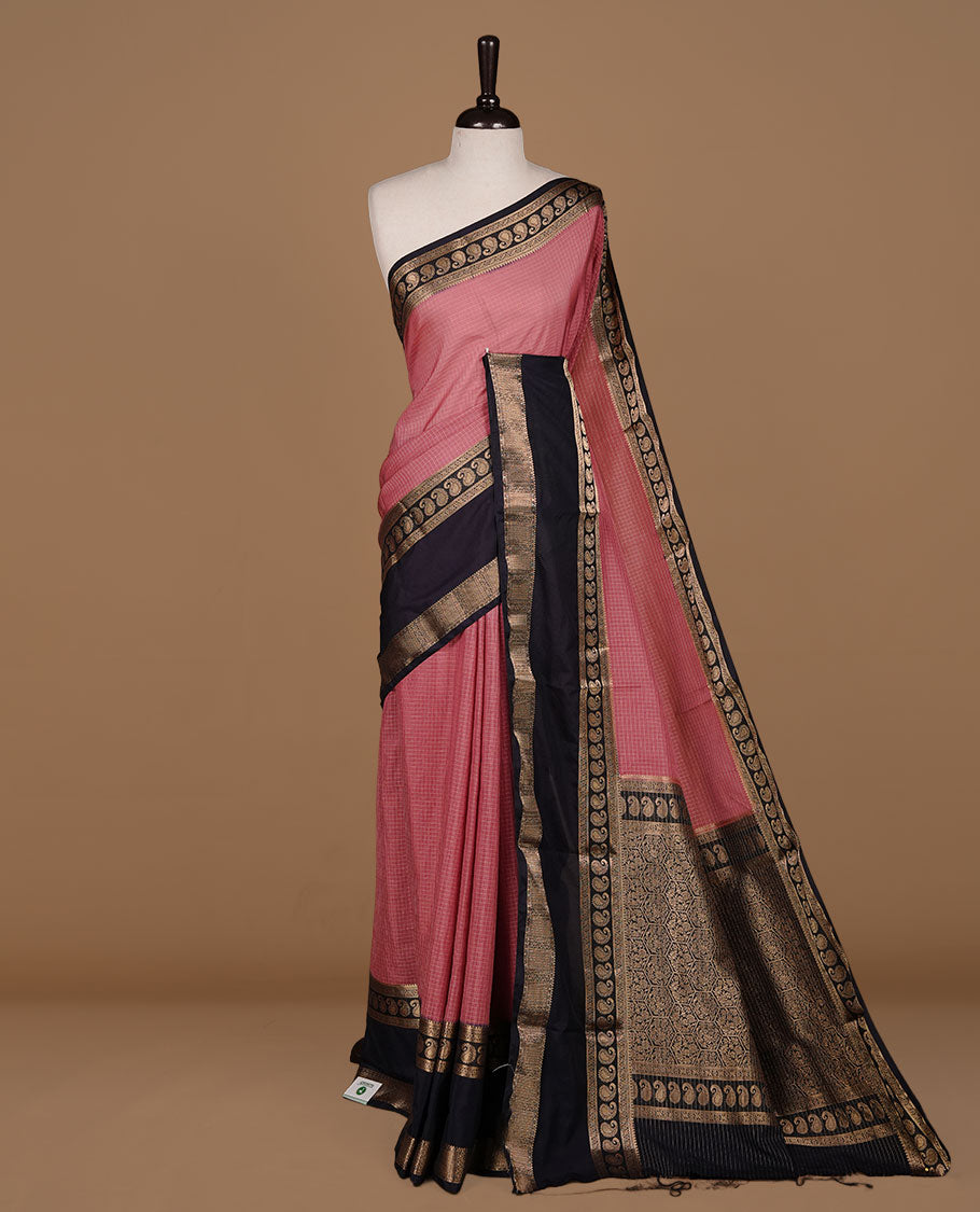 Mauve colour semi georgette saree featuring gold zari check pattern on body, complemented by contrast Black colour with zari border, paired with matching blouse piece.
