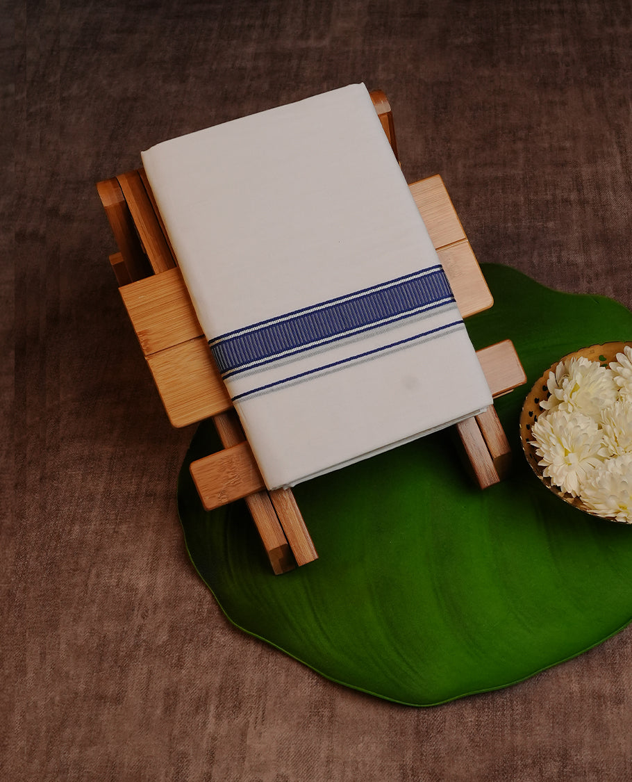 White Colour Cotton Double Dhoti Finished With A Classic Body ,Gold & Silver Zari Kara