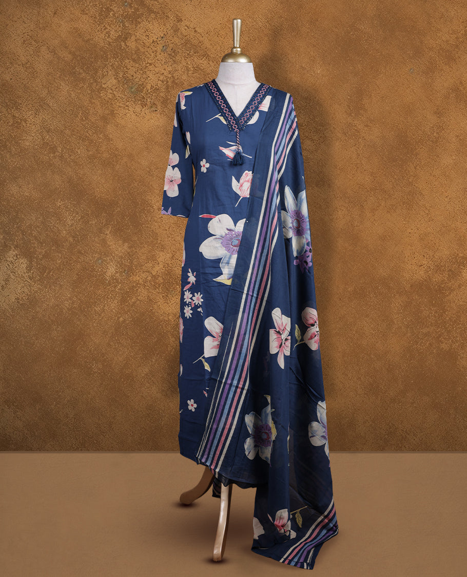 Dark Blue colour churidar set featuring V neckline, sleeves, and Floral pattern across the body, Paired with a matching dupatta