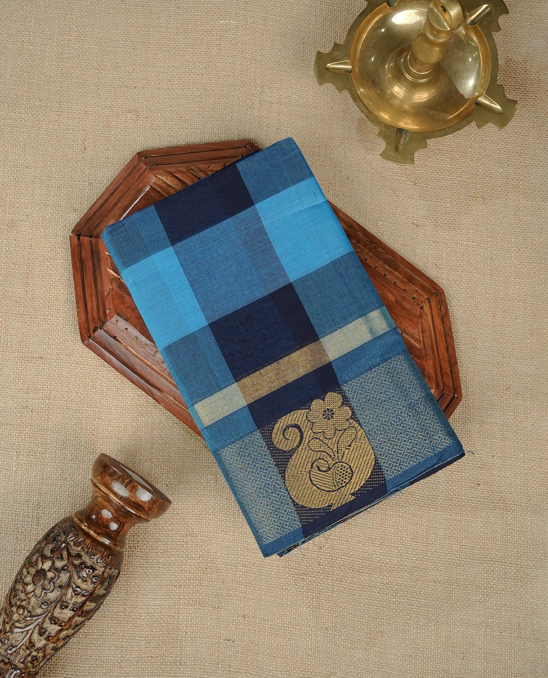 Navy blue & Blue colour chettinad cotton saree featuring check pattern on body, complemented by Self Colour with gold zari border, comes with matching blouse piece.