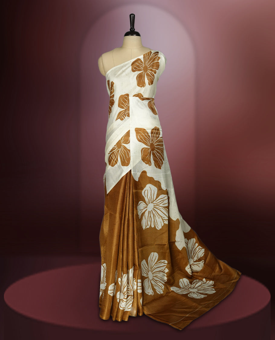 Mustard yellow and off white semi khadi silk colour saree featuring bold floral prints for a striking look, The lightweight, flowy fabric ensures effortless draping, perfectly paired with a matching blouse.