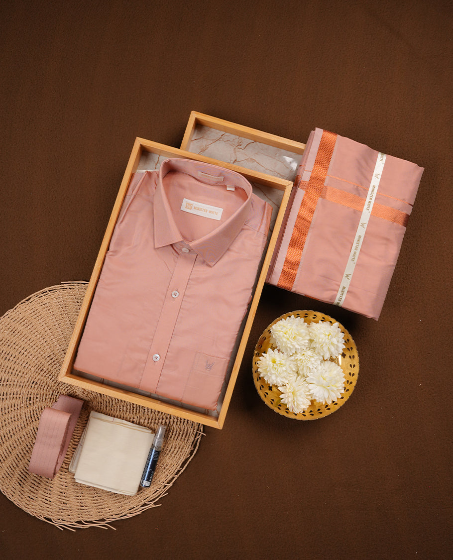Dark copper colour MINISTER WHITE shirt paired with a matching dhoti, finishing with a copper border