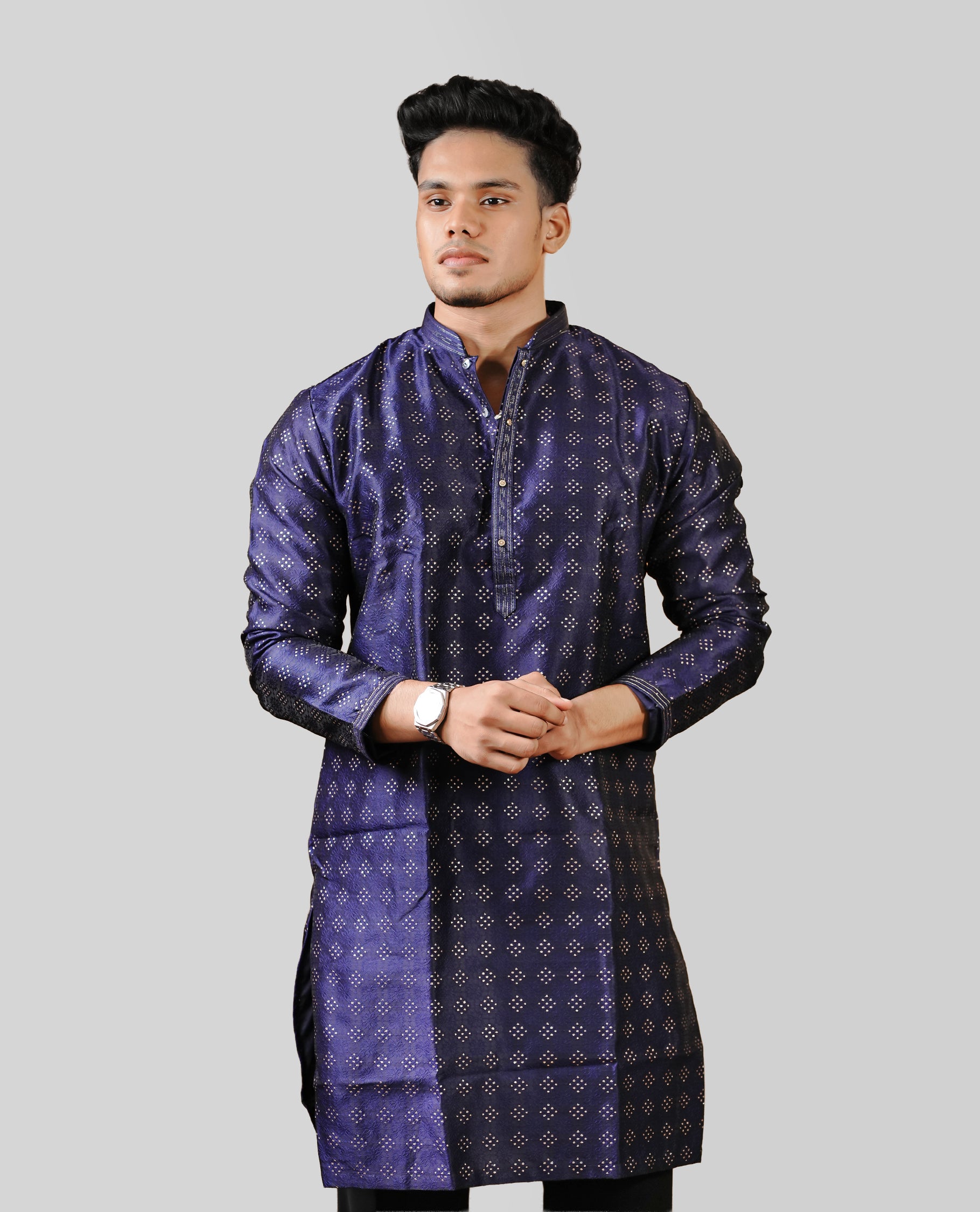 Dark Blue colour men's kurta featuring elegant gold thread work on the body, complemented by full sleeves for a refined and festive look, comes with bottom.