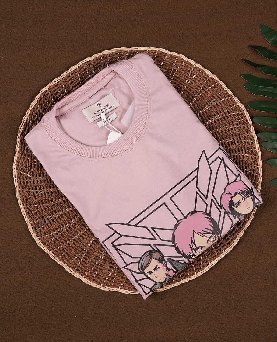Pink colour men's T shirt featuring bold anime character print with Japanese text, made from soft fabric with half sleeves and a crew neck for a stylish and comfortable fit