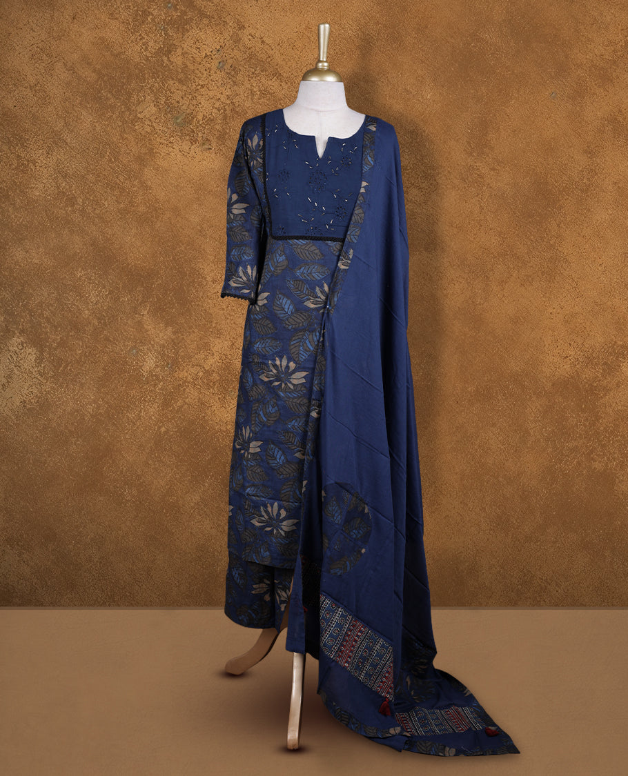 Dark blue colour churidar set featuring elegant Light gold cut beat embroidery on the neckline, sleeves, and floral pattern across the body, Paired with a matching dupatta