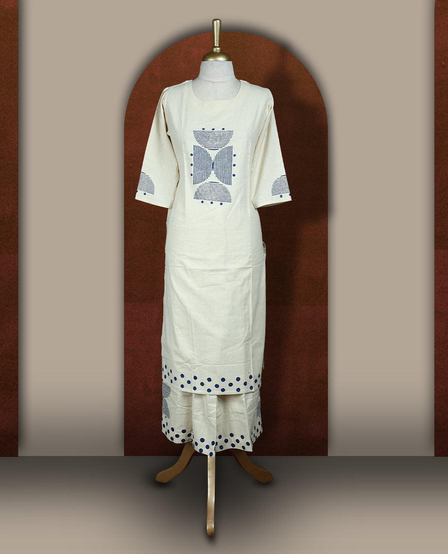 Cream colour cotton co-ord set featuring with navy geometric prints and polka dots & comes with matching bottom.