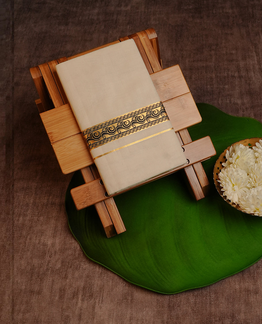 Cream Colour Cotton Double Dhoti Finished With Navy Blue Prints On Gold kara.