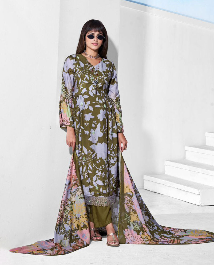 Olive green colour pure muslin suit set featuring purple grey colour digital floral printed top featuring sequin butti embroidery and a scalloped floral embroidered border, paired with a dyed pure viscose muslin bottom and a digital printed dupatta.