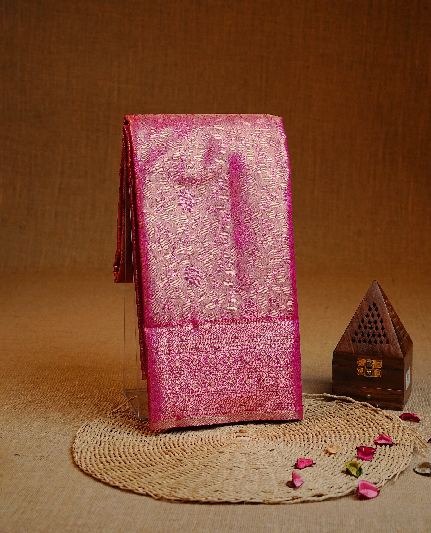 Magenta & Gold colour Double shade Semi tissue silk saree featuring self color kodi pattern on body, self colour with traditional border, paired with matching.