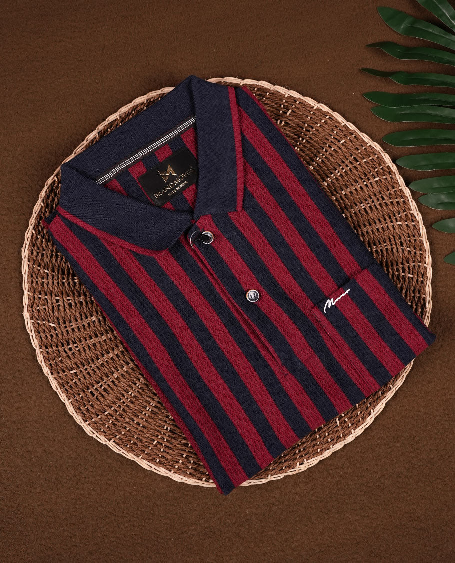 Maroon and Navy Blue Striped BRANDMOVER Half Sleeve T-Shirt for Men