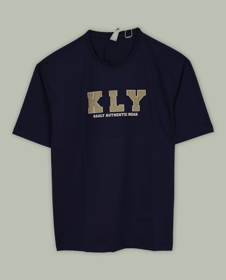 Navy blue colour T shirt featuring a bold KLY Kaaly Authentic Wear graphic on the chest, designed with a round neck and short sleeves, crafted from soft breathable fabric for a stylish and comfortable fit.