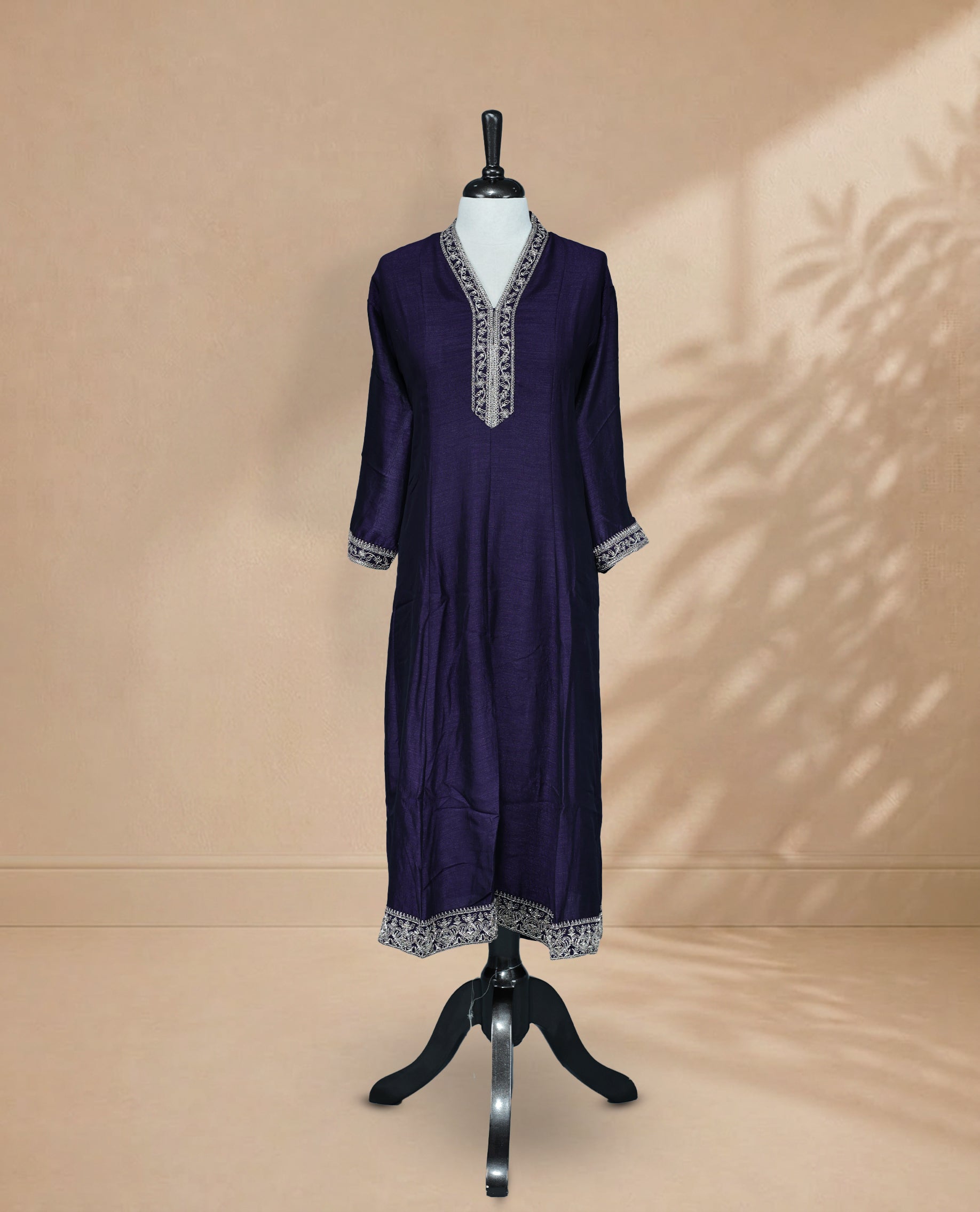 Deep Purple Kurti featuring bead and threadwork on the neck yoke and bottom, a V-shaped neckline, and 3/4 sleeves.