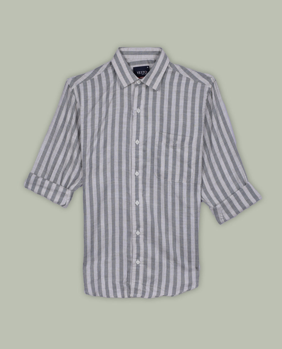 Beige and grey colour striped shirt in soft cotton, featuring vertical lines for a sleek, timeless look, Designed with a classic collar and full sleeves, it blends effortless style with everyday comfort.