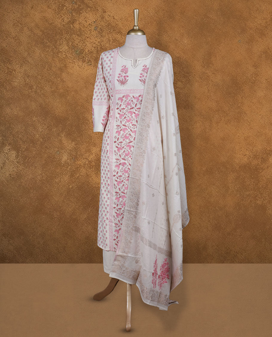Cream colour churidar set featuring thread & cut beats embroidered on neckline, sleeves, and Pink colour floral print on body , Paired with a matching dupatta