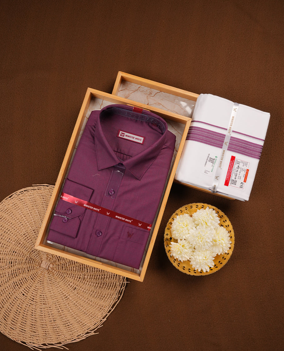 Deep purple Colour MINISTER WHITE shirt paired with a matching dhoti, finished with a Deep purple colour border.