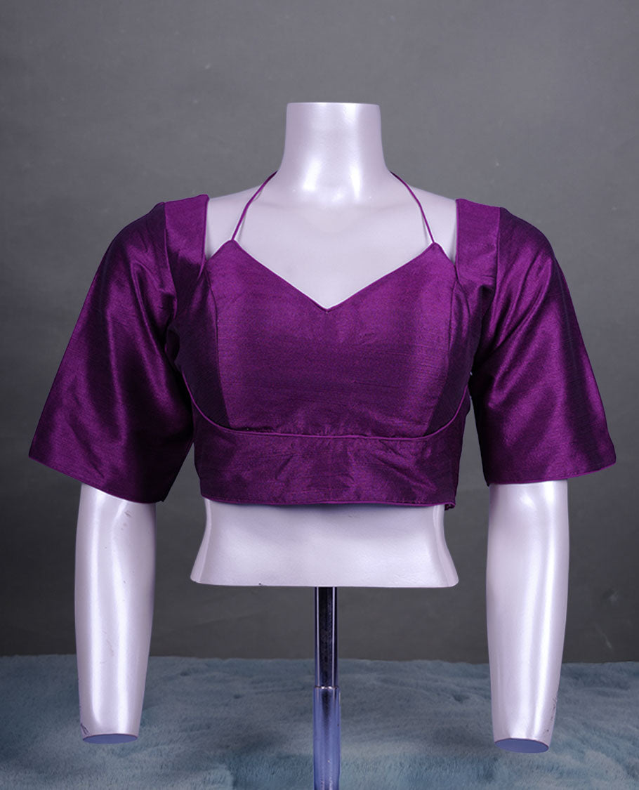 Grape purple colour silk padded readymade blouse with elbow-length sleeves, a V-neck front, and a deep U-back with tie-up dori.