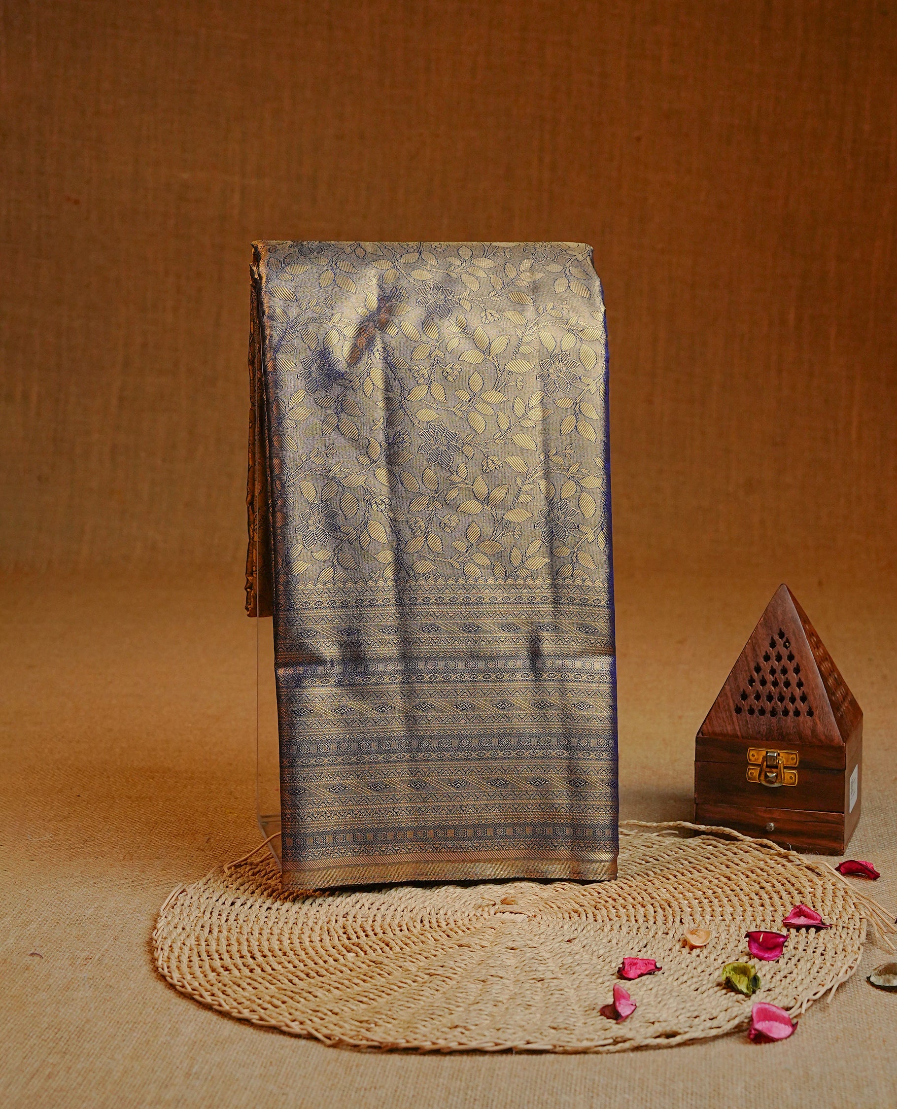 Gold & Blue colour Double shade Semi tissue silk saree featuring Gold zari floral kodi pattern on body, self colour with traditional border, paired with matching.