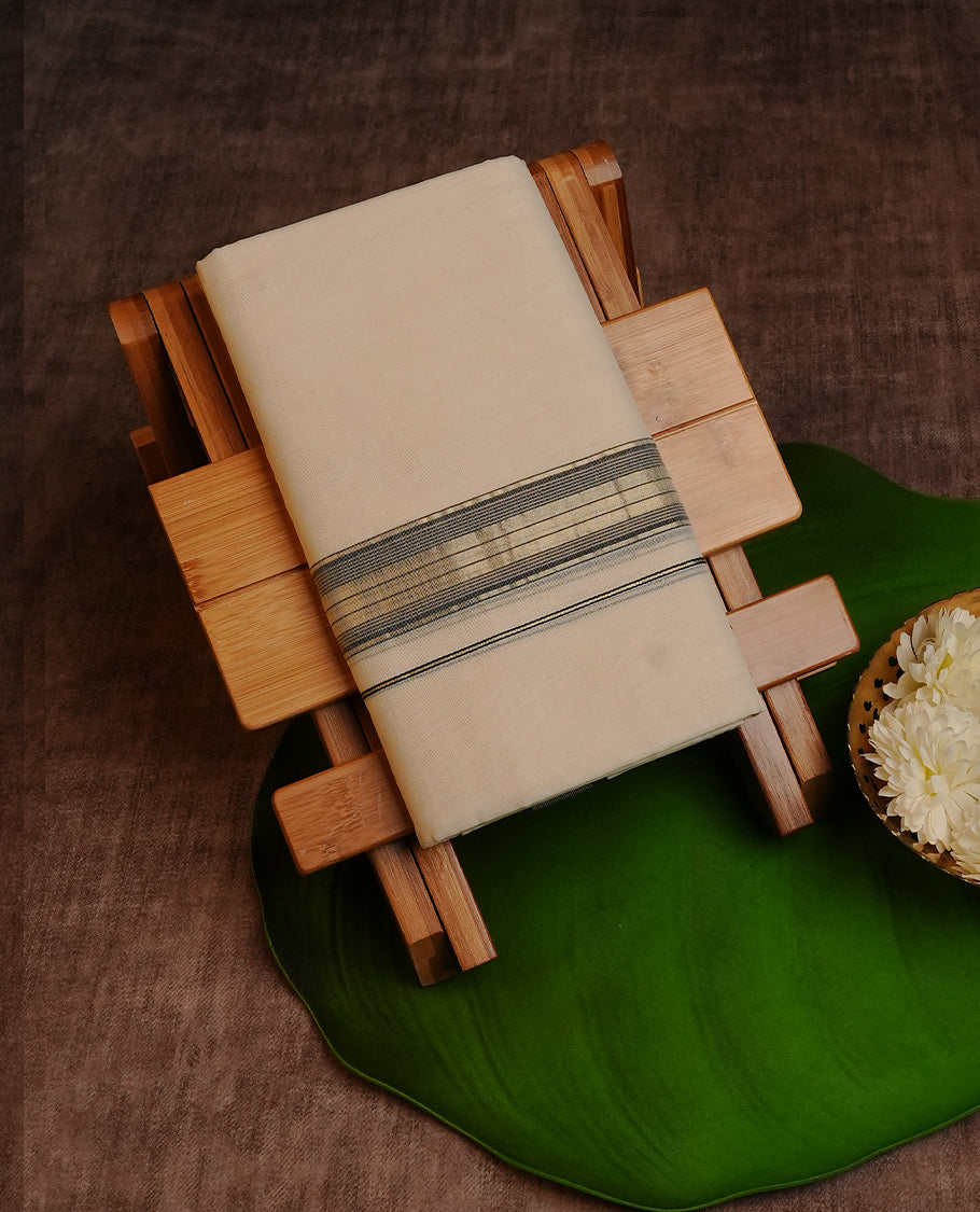 Cream Colour Cotton Double Dhoti Finished With A Classic Grey & Light Gold Kara