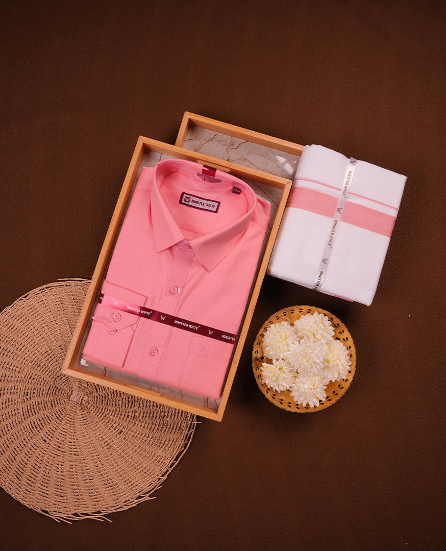 Candle light pink Colour MINISTER WHITE shirt paired with a matching dhoti, finished with a candle lightPink colour border.