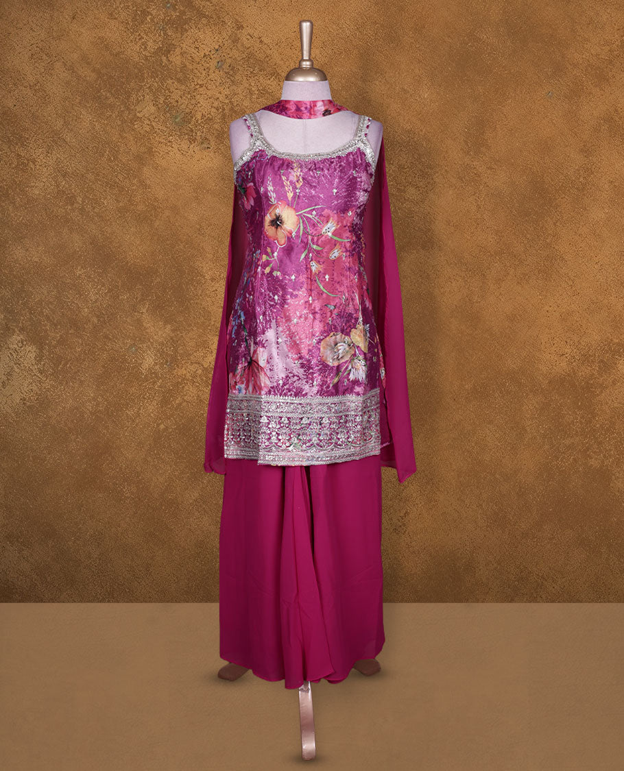 Dark pink colour sharara set featuring gold stone pattern neckline, sleeveless, and stone & floral print pattern across on body , Paired with a matching dupatta