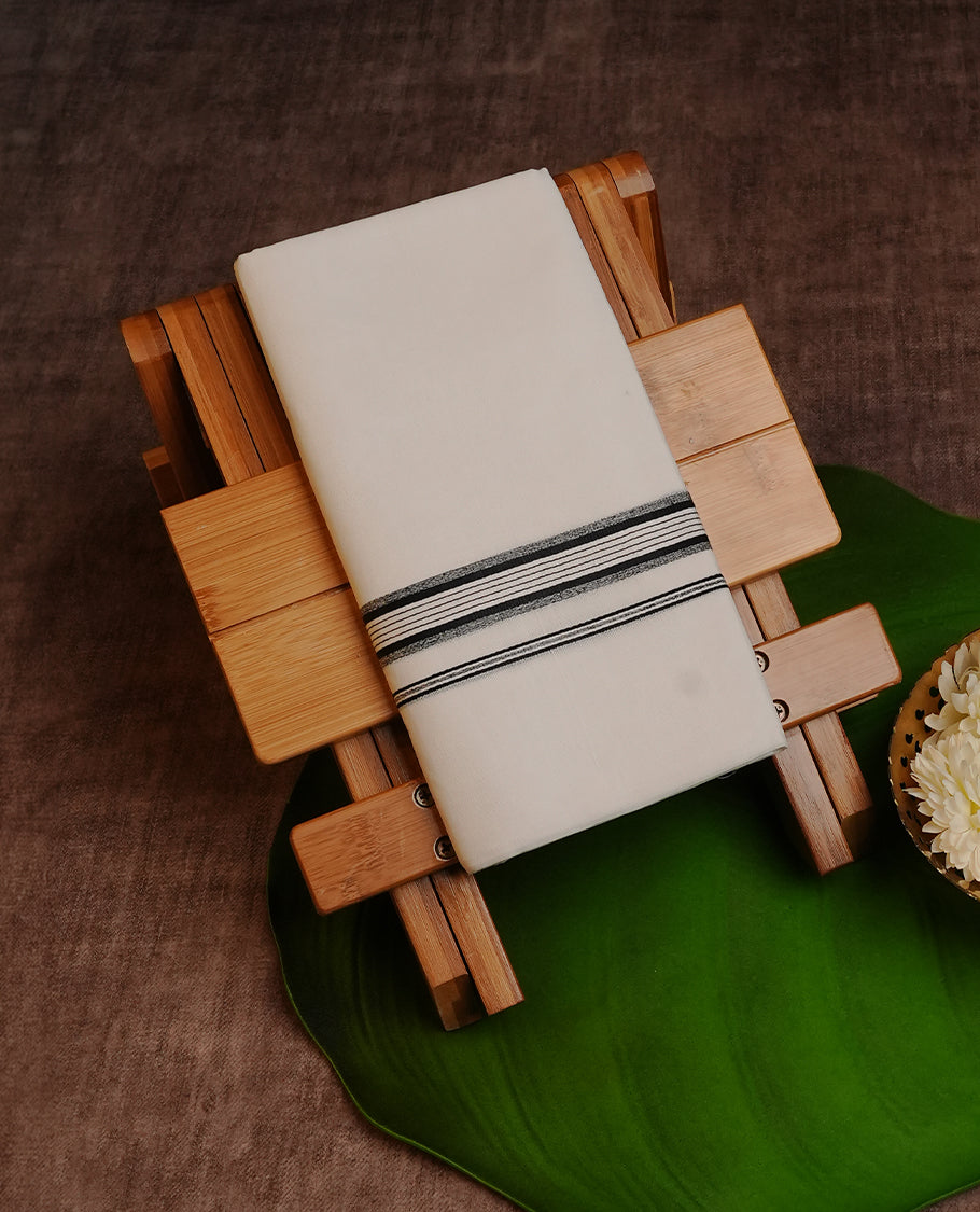 White Colour Cotton Double Dhoti Finished With A Classic Body and Black & Light Black Kara