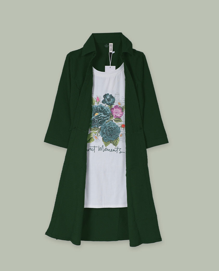 Deep forest green open-front shrug with collared neckline and three-quarter sleeves, layered over a white floral graphic tank top