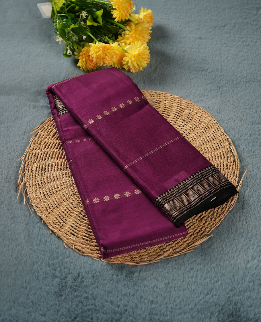 Magenta purple colour Narayanapattu cotton saree featuring a Cream colour stripped body, contrast black colour with cream zari border and pallu, pairing a matching blouse piece.