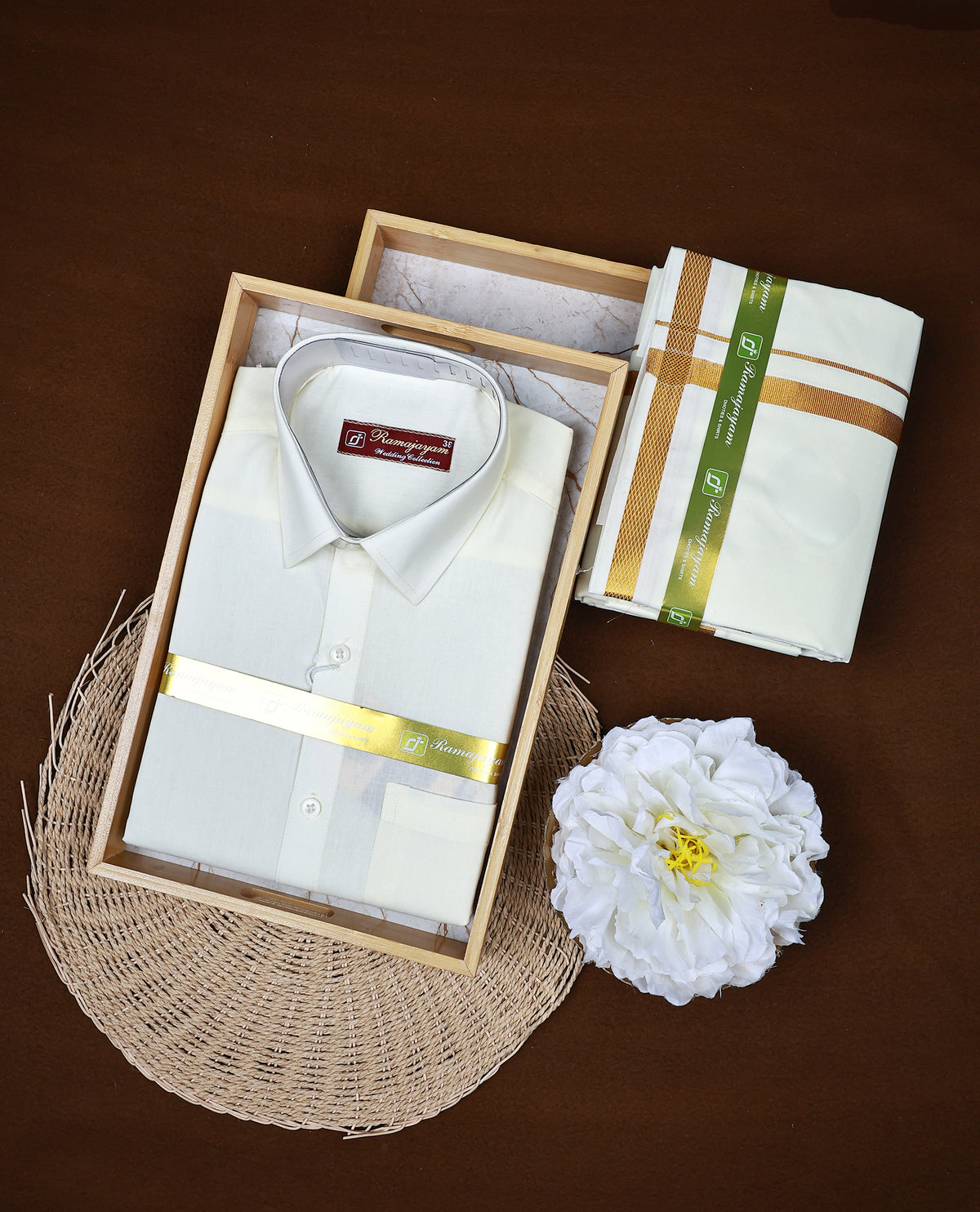 Light Yellow colour RAMAJAYAM shirt paired with a matching dhoti, finishing with a Light Gold Border