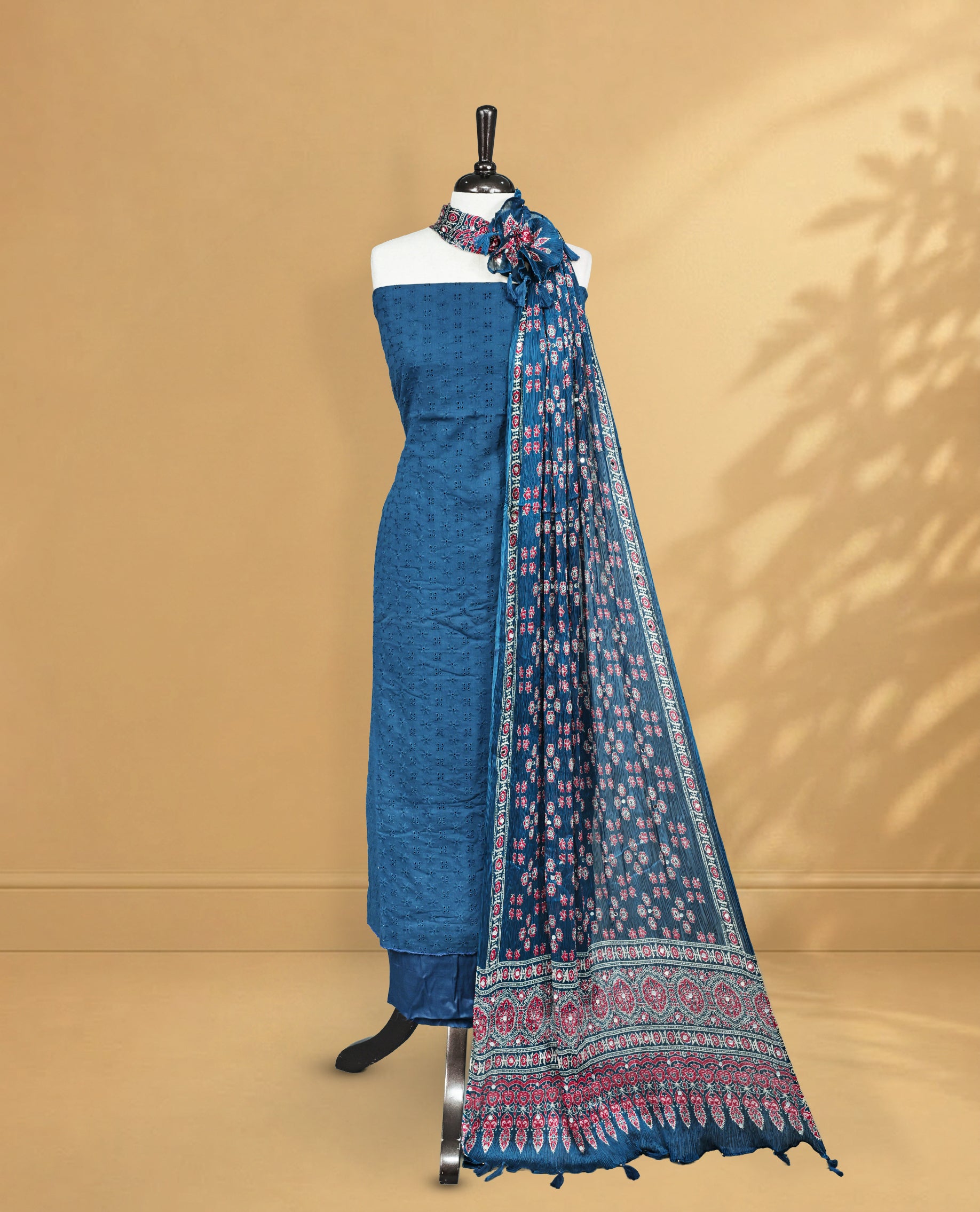 Blue Colour Salwar Material Featuring Thread & Hokoda Body, Paired with matching bottom & Printed Design Dupatta.