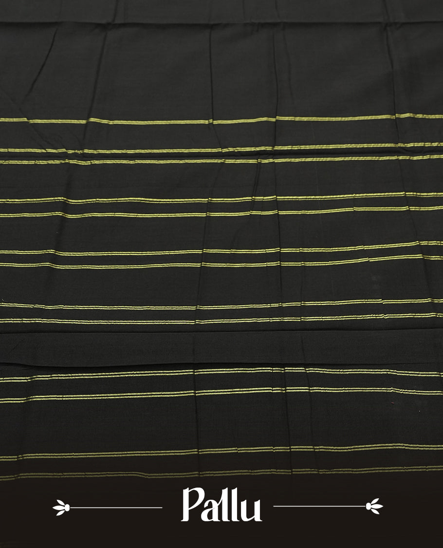 Black colour Narayanapattu cotton saree featuring a self coloured body, maroon coloured with gold zari pattern border and gold striped colour pallu, pairing a matching blouse piece.