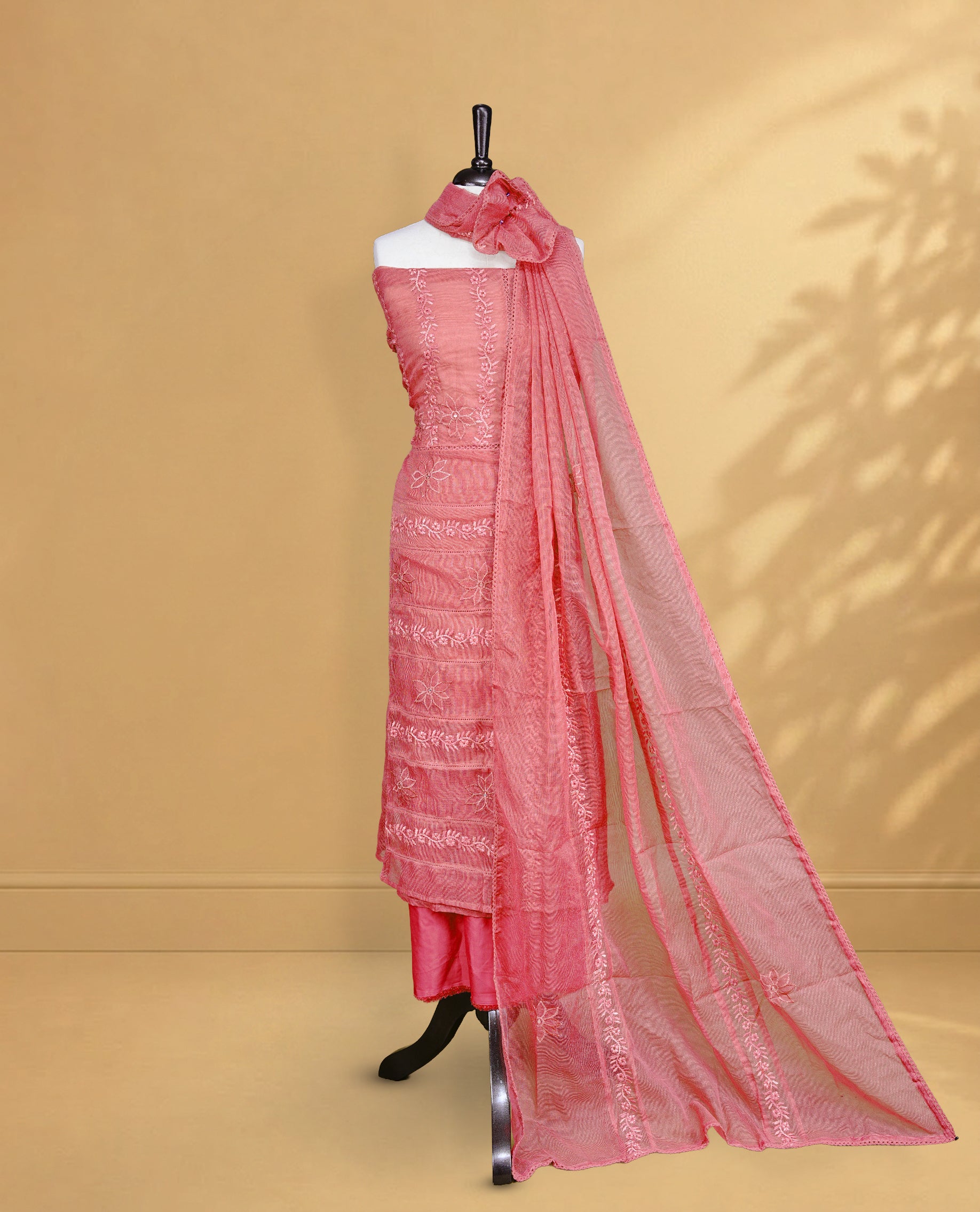 Mavue colour Salwar material featuring Self colour Floral Thread pattern, Matching bottom and paired with Same colour with thread patterned Dupatta.